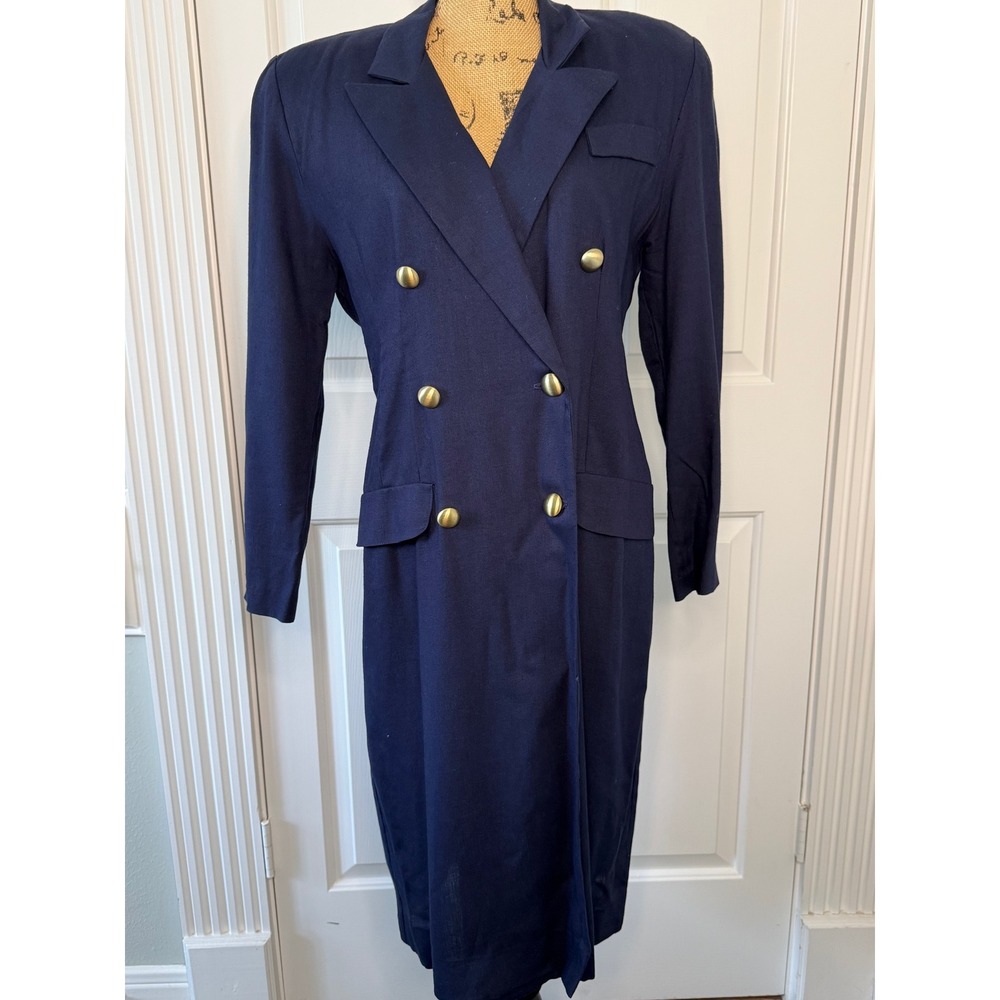Karin Stevens Vintage Navy Blue Double Breasted Rayon Linen Coat Dress Size 10